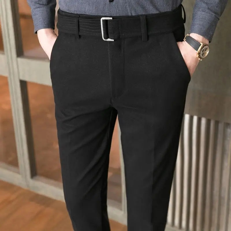 BONSIR - Autumn and Winter Men's Fashion Solid Color Fabric Casual Thickened Wool Business Brushed Straight Tube Versatile Pants