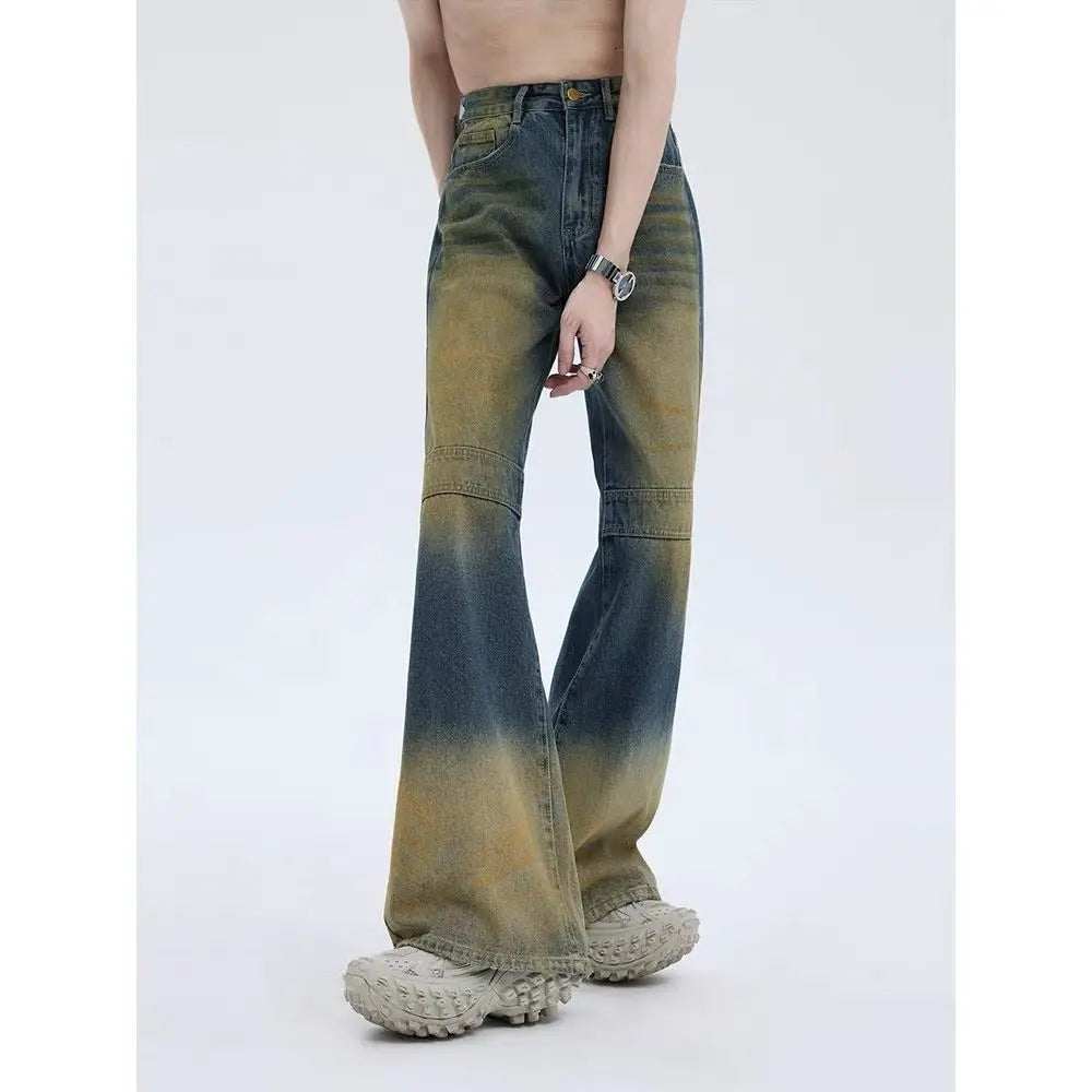 sanyamk High street hip-hop men and women trendy washed personalized micro trumpet retro patchwork jeans American loose casual pants
