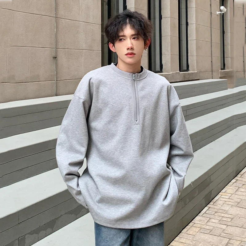 sanyamk - Korean Style Men's Sweatshirts Zippers Round Collar Soldi Color New Trendy Pullover Loose Male Pullover Tops Autumn 9C5565