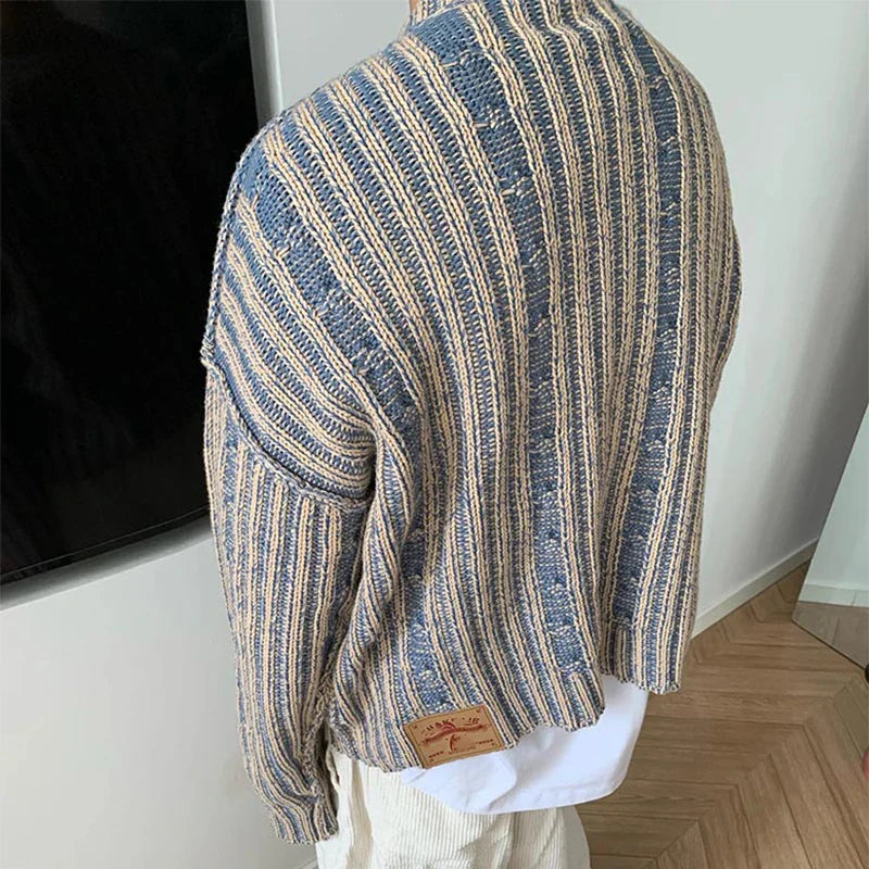sanyamk - Fashionable Striped Knitting Sweaters Men Autumn Streetwear Y2K Loose O Neck Long Sleeve Knit T-shirts Mens Vintage Sweater Tops