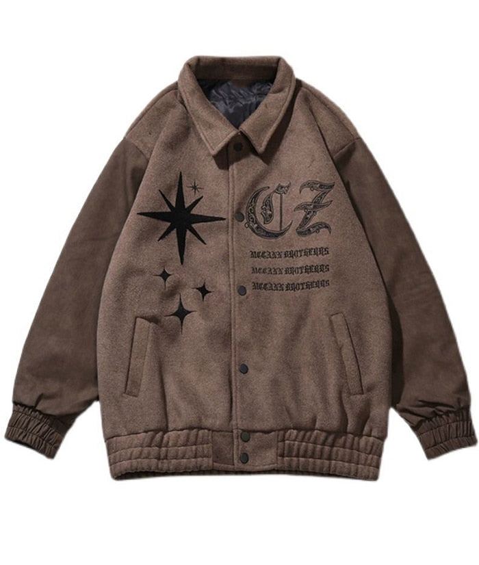 sanyamk Vintage Varsity Jacket Men Loose Lapel Pilot Bomber Jacket Baseball Coats Autumn Embroidery Return Woman Coat Hip Hop Streetwear