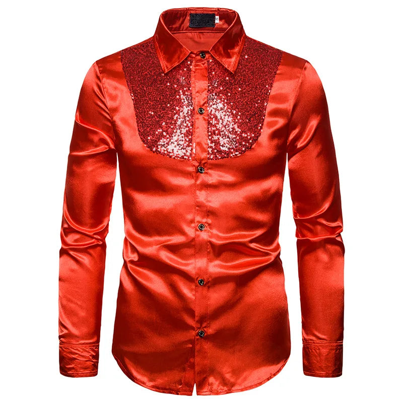 sanyamk Men's Shirt Sequin Lapel Solid Color Slim Fitting Business Casual For Wedding Banquet Performance Men Suit Long Sleeved Shirt