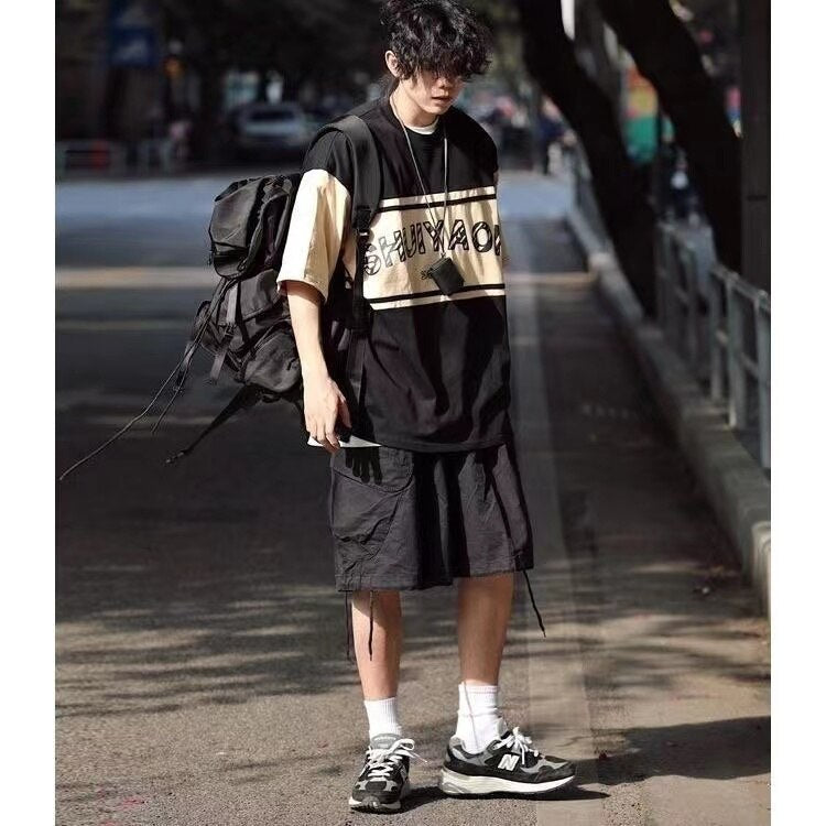 Bonsir Summer Men's Japanese Retro Original T-shirts Loose Round Neck Short Sleeve Tshirt Cotton Clothes Top Blackt Shirts S-2XL