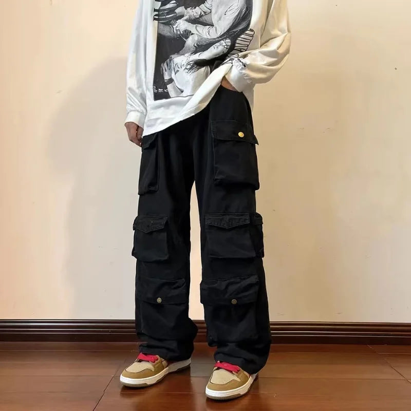 sanyamk Y2k Hip-hop Cargo Pants Multi-pockets Tooling Pant Harajuku Men's Vintage Loose Wide Leg Pants Streetwear Casual Trousers