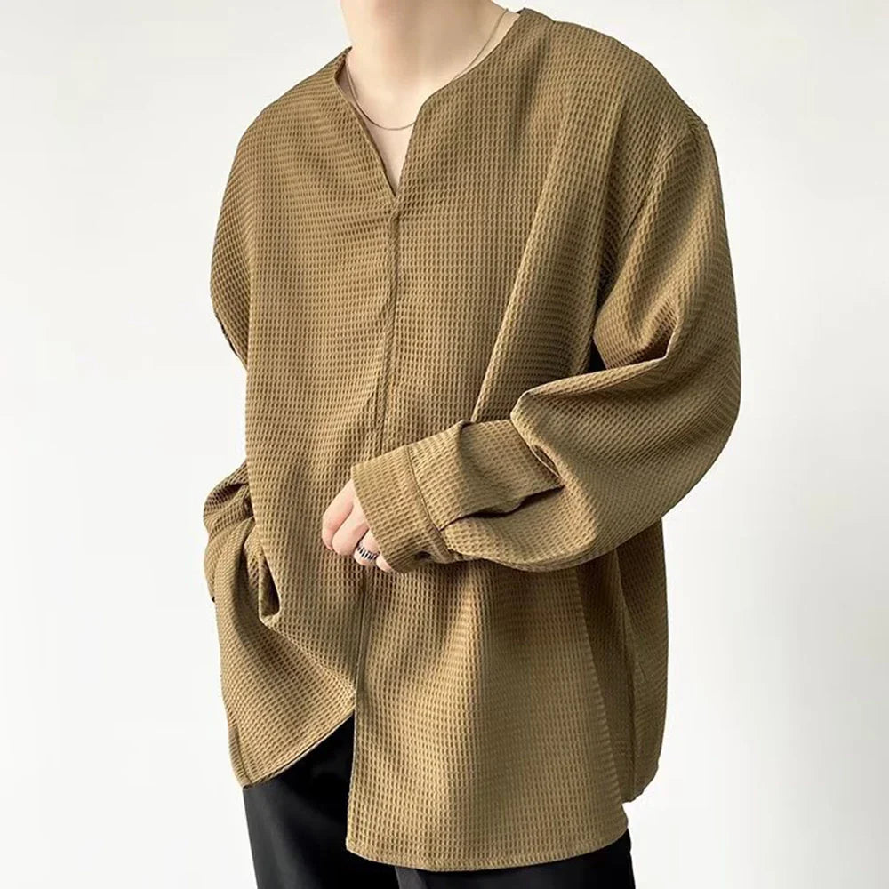 Bonsir 2024 Autumn Retro Temperament Waffle Pullover V-neck Shirt Men's Long-Sleeved Light Wind Ins Loose Korean Trend Shirt