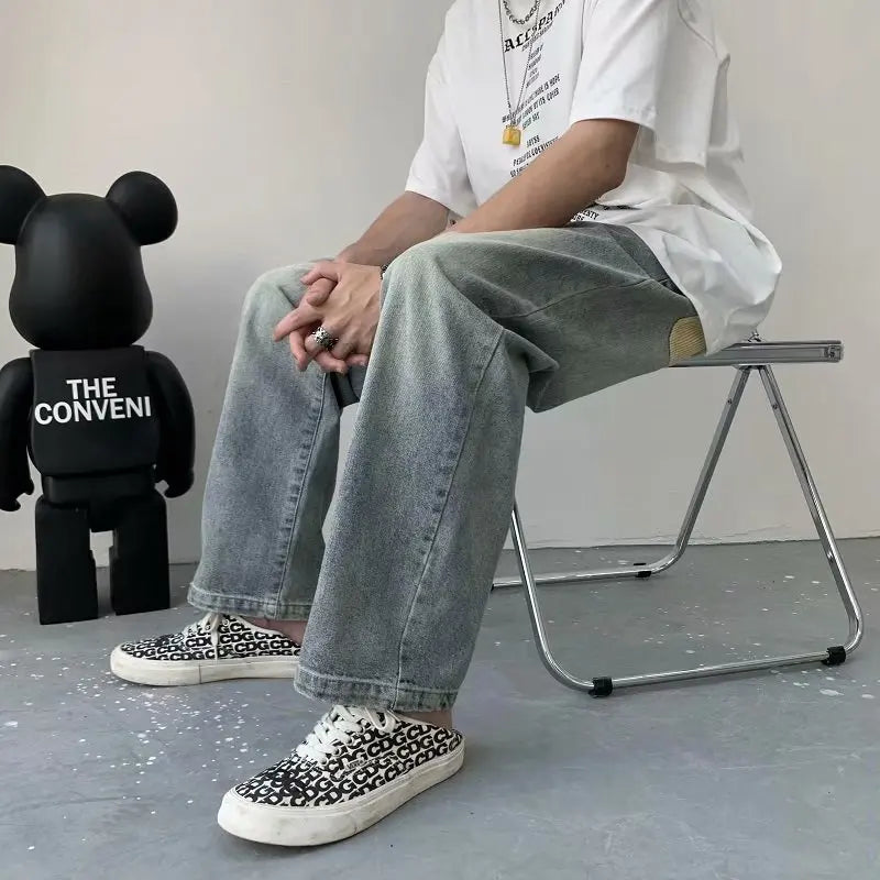 sanyamk Lazy Style Men Jeans Korean Hip Hop Patchwork Oversized Straight Jean Pants Streetwear All-match Denim Pants Light blue jeans