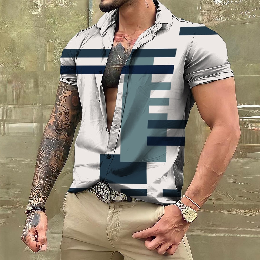Bonsir Vintage For Men Shirts Patchwork 3d Print Camisas Lapel Oversized Short Sleeve Tops Streetwear Summer Male Hawaiian Shirt Tees