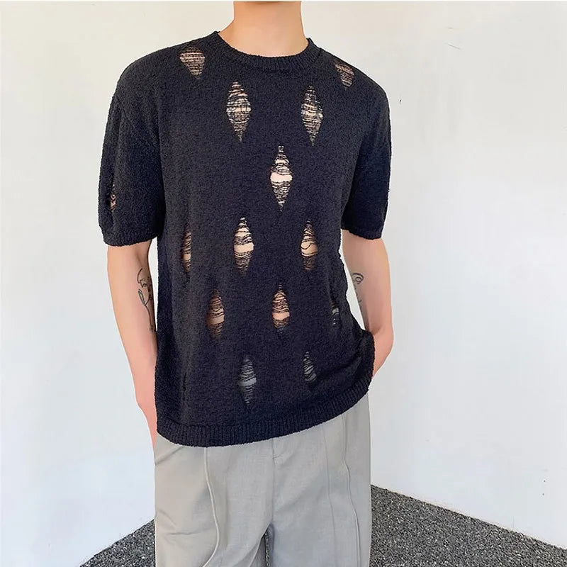 sanyamk - Summer Fashion Knitted Holes T-Shirts Men Black White Short Sleeve Stretch Tops Tees Young Personalized Streetwear Clothing