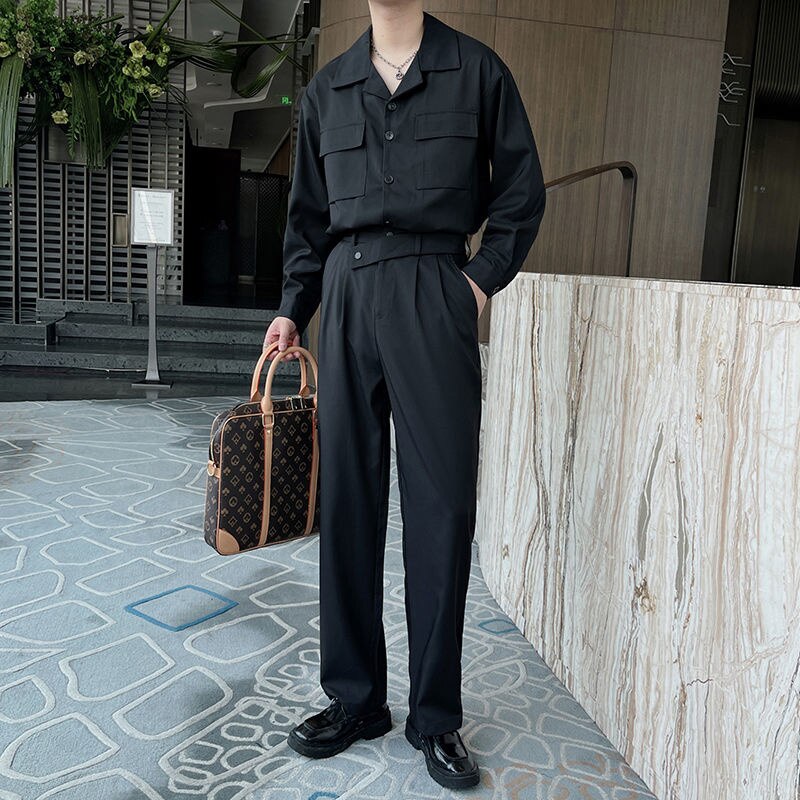sanyamk Autumn Grey Black Sets Men Fashion Retro Pocket Long-sleeved Shirt/trousers Two-piece Men Korean Loose Casual Mens Sets M-2XL