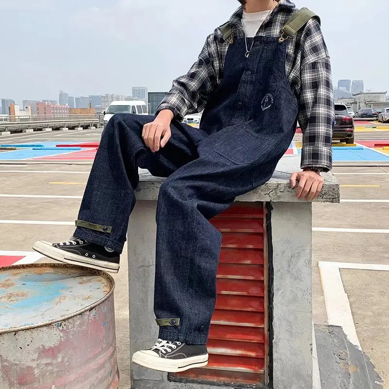 sanyamk Fashion Men Bib Jeans Pants Solid Color Jumpsuit Streetwear Jogger Pants Multi Pocket Casual Suspender Cargo Pants Men