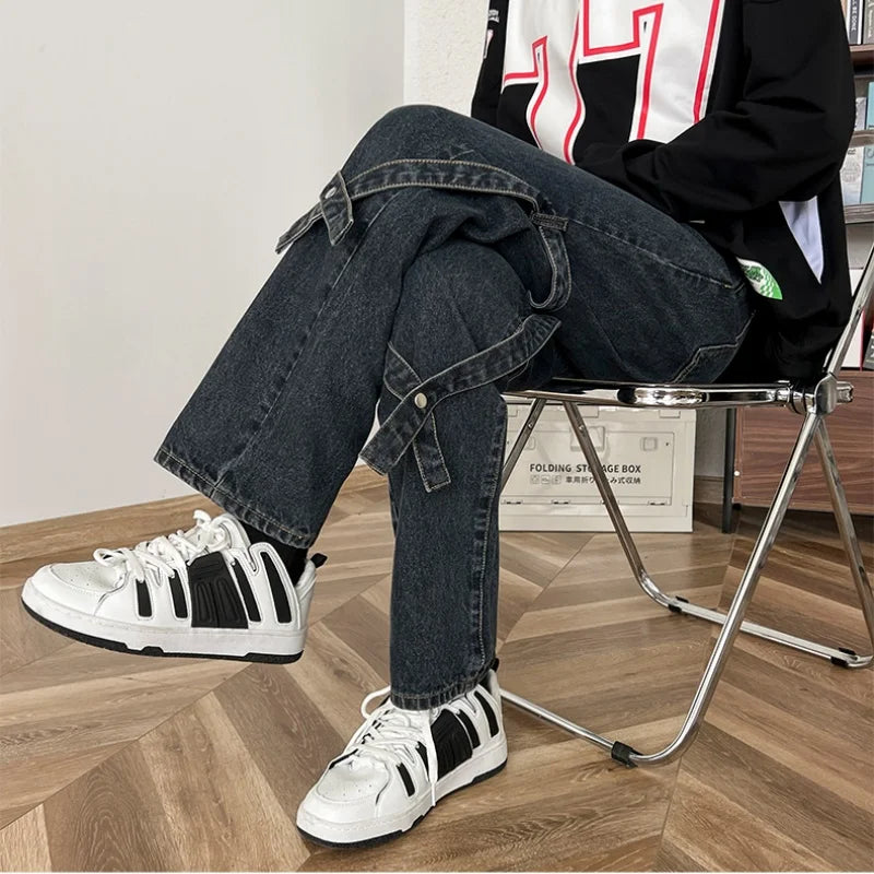 sanyamk American High Street Jeans for Men, Washed Straight-leg Trousers with Straps, Casual, Comfortable and Versatile Long Trousers