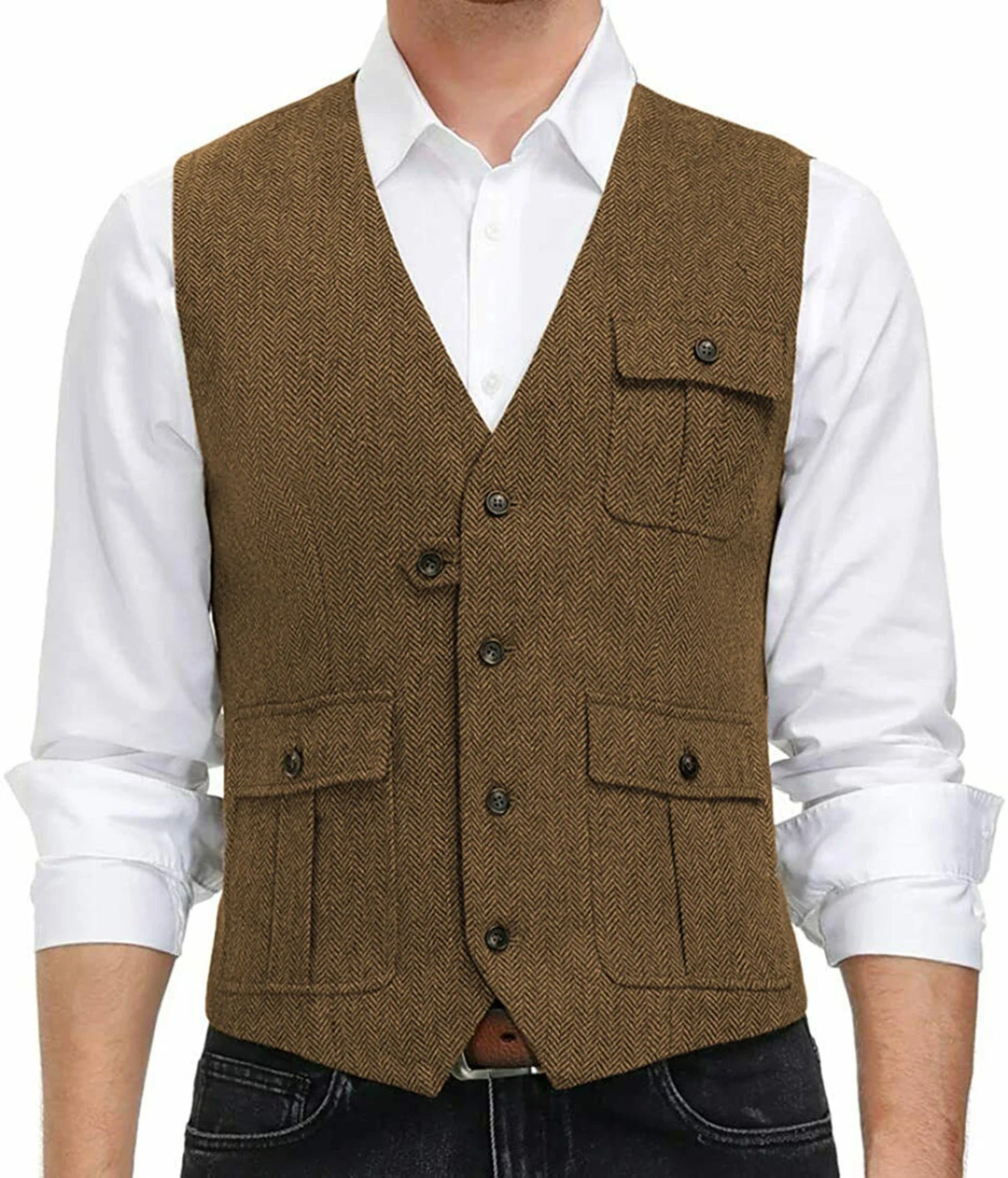 sanyamk Light Blue New Men Vest Wool Tweed Casual Waistcoat Formal Business Vest For Wedding Groomsmen Party Banquet Suit
