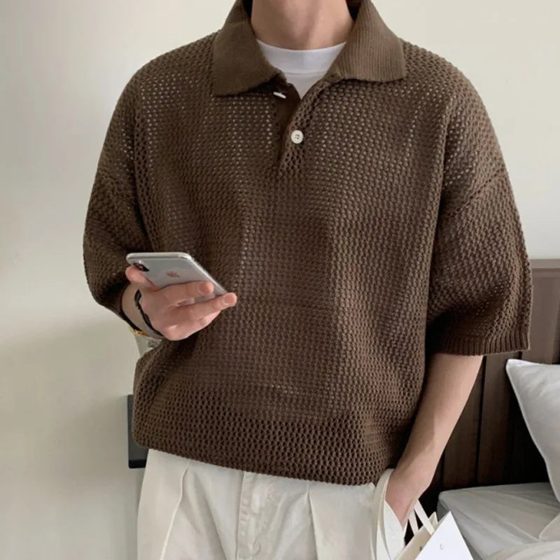 sanyamk - Simple Loose Men's T-shirts Knitting Casual Solid Color Lapel Short Sleeve Hollow Out Tops New Summer Simple 2024 9C6071