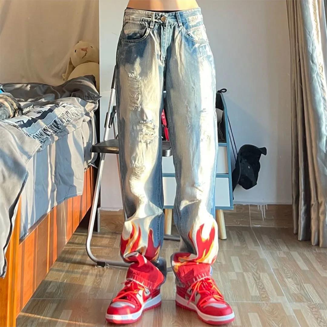 sanyamk autumn and winter new flame print hole washed swag size jeans hip hop high street style trousers for men and women jeans