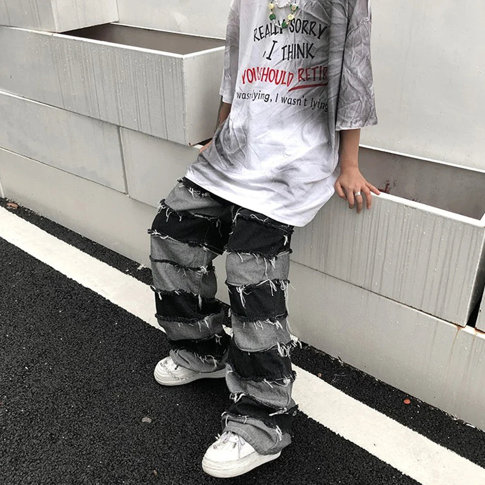 sanyamk Grunge Clothes Ripped Jeans Men Streetwear Casual New Fashion Trousers Wide Leg Street Autumn Winter Punk Distressed Denim Pants