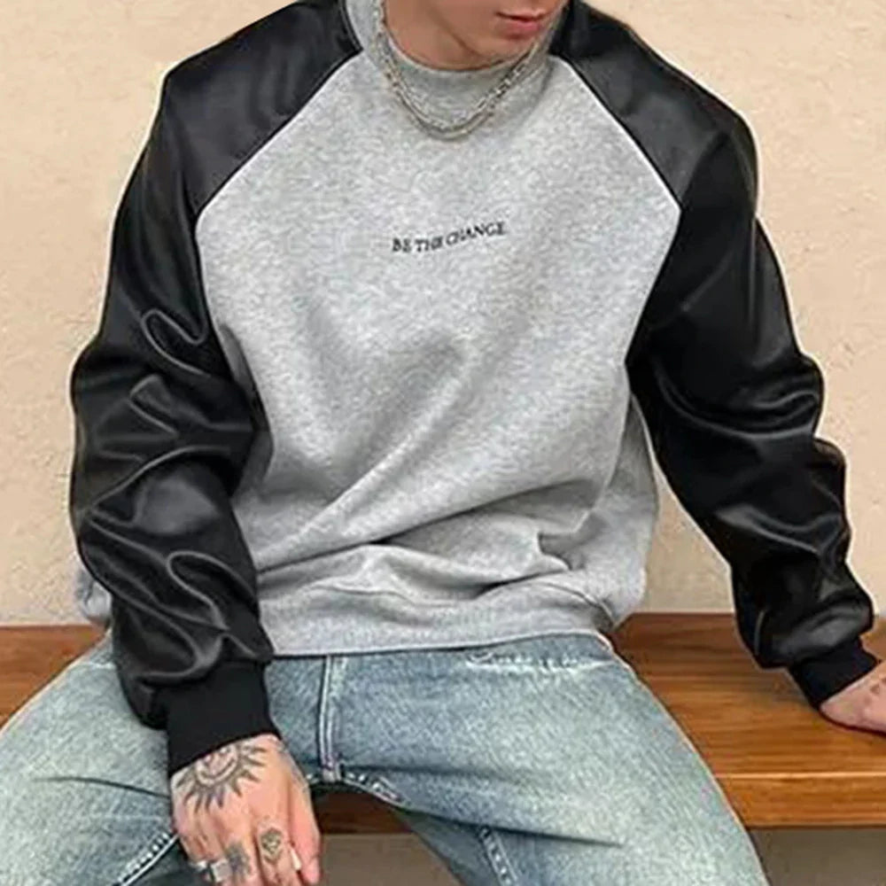 sanyamk Mens Y2k Contrast Pu Leather Raglan Sleeves Sweatshirt Autumn And Winter Genderless Casual Loose Splicing Sweatshirt Unisex