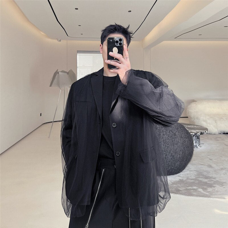 sanyamk IEFB New Trend Mesh Patchwork Suit Jacket Male Balzers Lapel Solid Color Niche Design Men's Clothing Single Breasted Top 9A7670