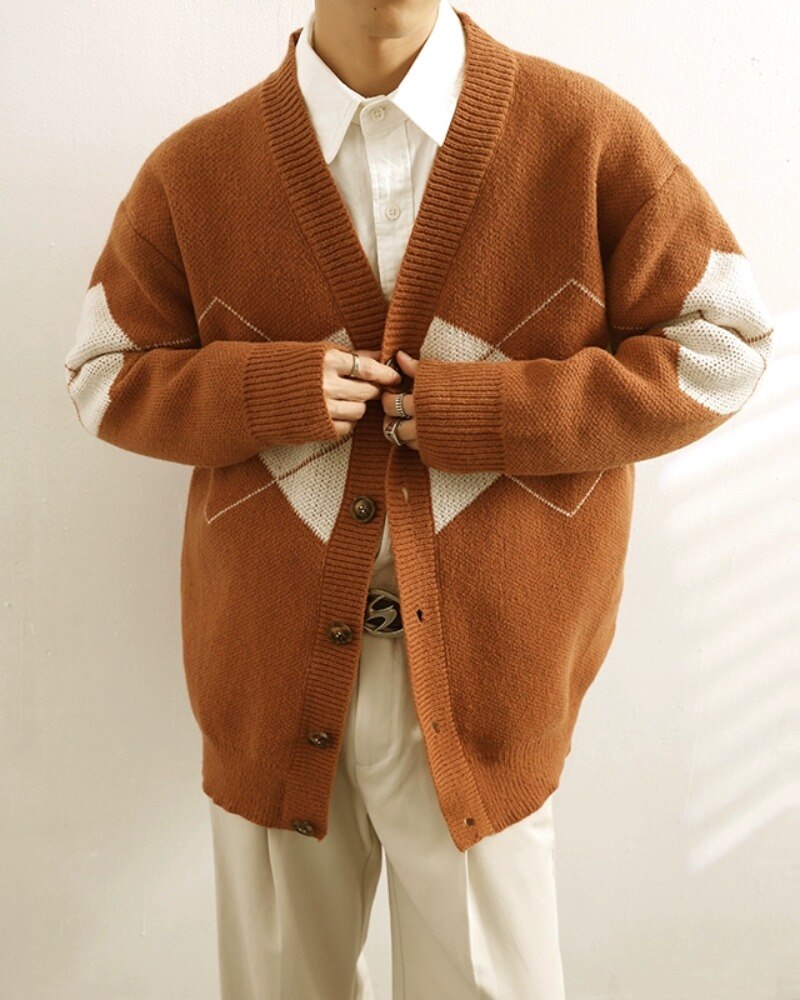 Bonsir Men's Knitted Cardigan Sweater Jacket Jacquard V-neck Women Autumn Loose Casual Button Long Sleeves Single-breasted Sweaters