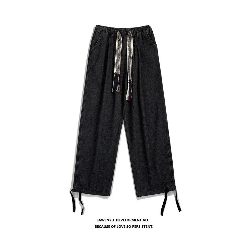 BONSIR - New Fashion Men Jeans Vintage Hip Hop Denim Pants Ethnic Pattern Drawstring Male Straight Loose Streetwear Baggy Cowboy Trousers