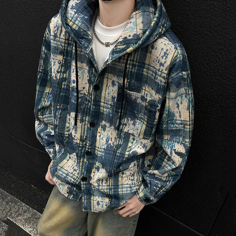 sanyamk - Korean Style Men's Hoodies Hooded Plaid Contrast Color Casual Tops Single Breasted Brushed Loose Male Sweatshirts 9C8558