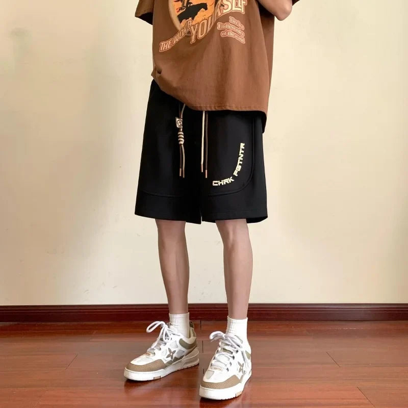 Bonsir Summer New Sports Loose American Vintage Fashion Casual All-match Solid Color Letter Printed Spliced Drawstring Shorts