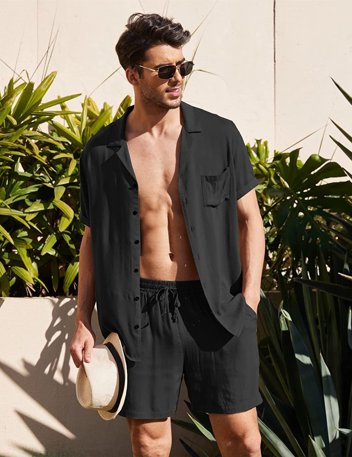 sanyamk Summer Cotton Linen Shirt Set Men's Casual Outdoor 2-Piece Suit Andhome Clothes Pajamas Comfy Breathable Beach Short Sleeve Sets