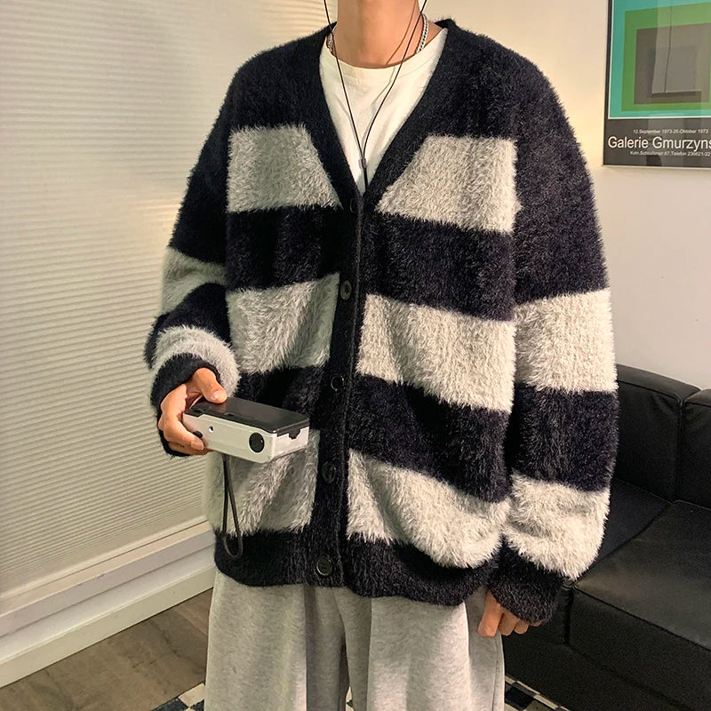 Bonsir Male Cardigans Vintage Retro Sweater Men's Knitted Contrast Color Sweater Winter Warm Casual Korean Streetwear Harajuku F140