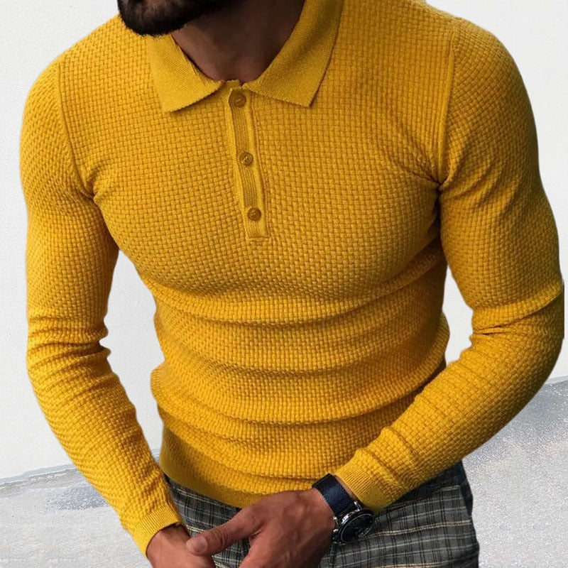Bonsir Fall Men Polo Shirts Knitted Slim Elastic Long Sleeve Tops Vintage Solid Color Turn-down Collar Buttoned Pullover Men's T-Shirt