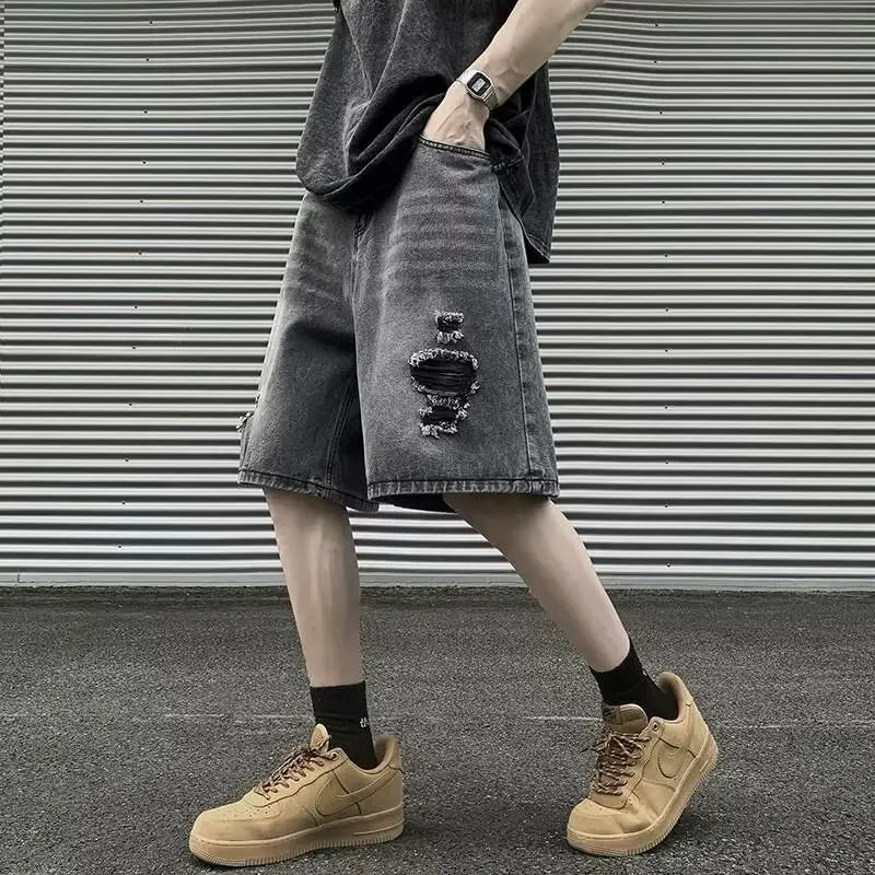 sanyamk American Street Vibe Men's Summer Loose-fit Denim Shorts Trendy Brand Vintage Ripped Shorts For Casual Wear