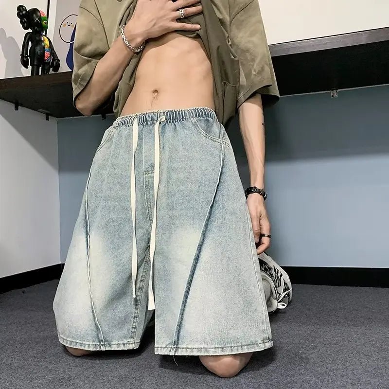 BONSIR Washed denim shorts men's summer thin style American retro plankton pants tide brand casual everything with five points big shor