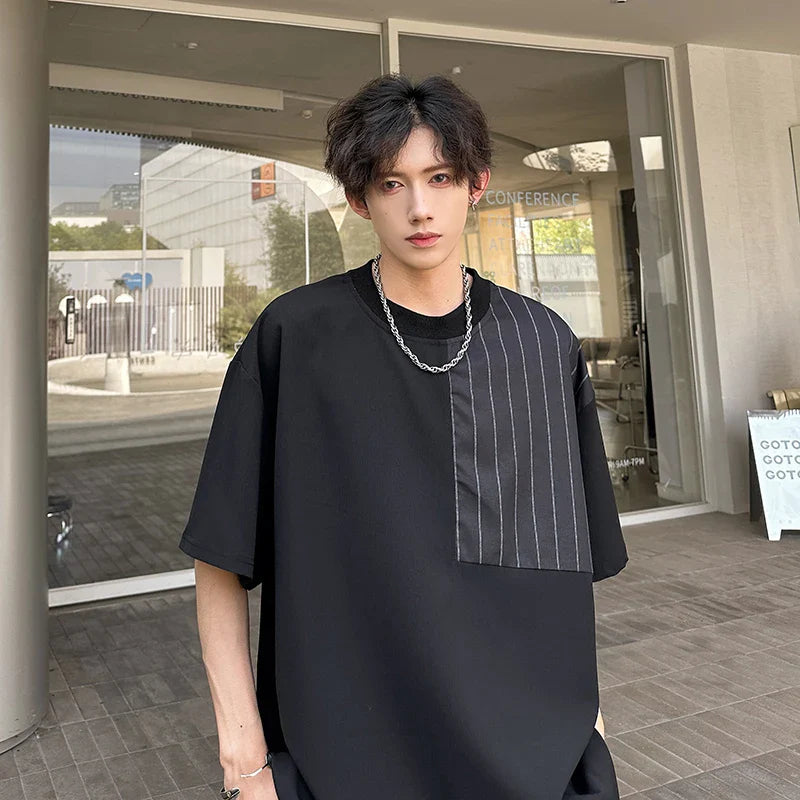 sanyamk - Summer Men's Oversized Short Sleeve Tee Patchwork Striped Black White Loose t-shirts for men