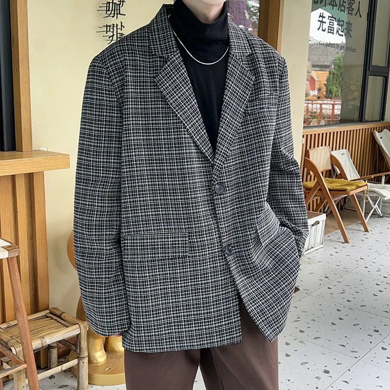 sanyamk - Fashion Oversize Plaid Blazer Jacket Men Japanese Style Clothing Vintage Casual Loose Grid Suit Coat Hip Hop Streetwear Khaki