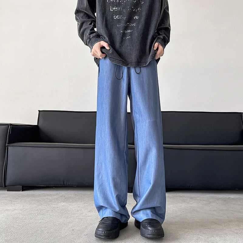 sanyamk Blue/Gray/Black Elastic Waist Suit Pants Men Fashion Society Pants Korean Loose Straight Casual Pants Mens Office Trousers