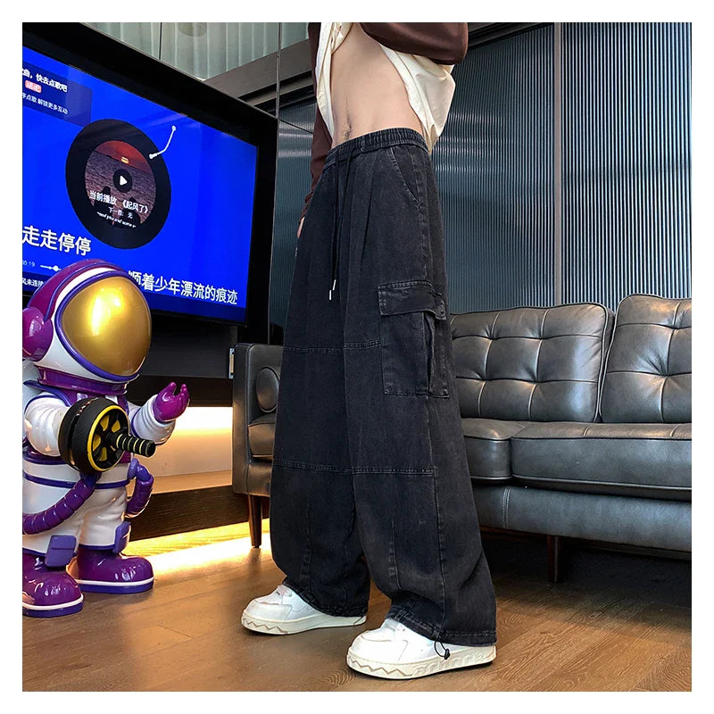 BONSIR - Multi-Pocket Washed Cargo Pants Men Women Y2K Vintage Streetwear Loose Oversized Straight Wide-Leg Jeans Dark Green/Purple