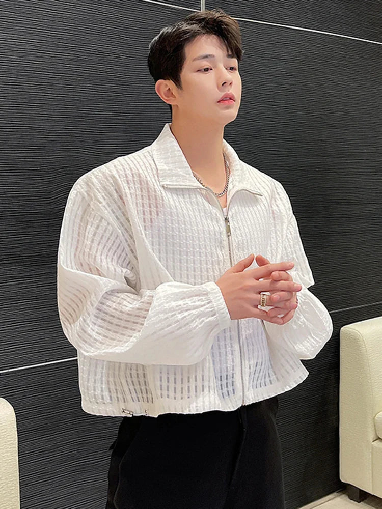 sanyamk Men's Hollow Out Design 2024 Elegant Casual Jackets Personality Thin Outerwear Short Coat Korean Fashion New Tops