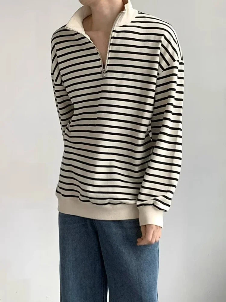 sanyamk - Striped Sweatshirts Men Chic High Street Loose O-Neck All-match Korean Style Casual Unisex Clothing Daily Simple Autumn College