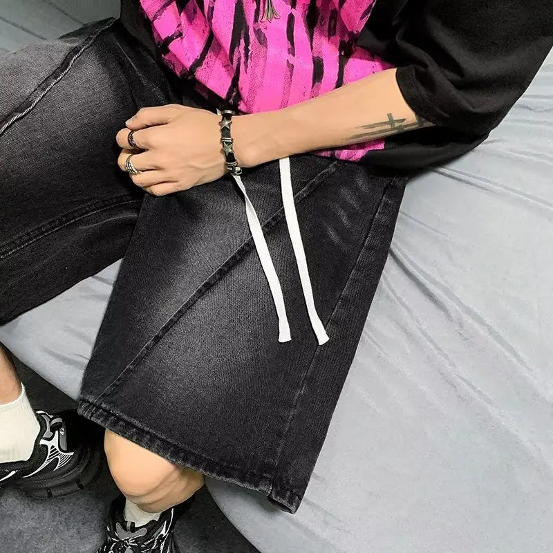 BONSIR Washed denim shorts men's summer thin style American retro plankton pants tide brand casual everything with five points big shor