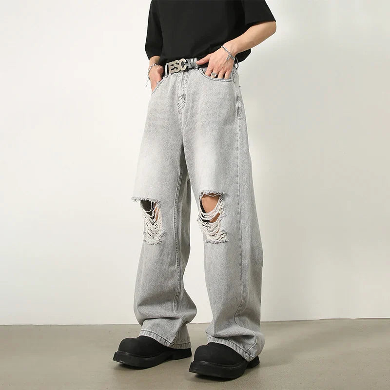 sanyamk Ripped Jeans Men High Street Male Hip Hop Distressed Denim Wide Leg Pants Casual Trousers Vintage Streetwear Loose