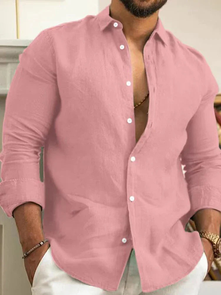 sanyamk Solid Color Cotton Linen Plain Shirt Men Classic Button-up Lapel Long Sleeve Shirts Spring Autumn Fashion Loose Mens Top Shirts