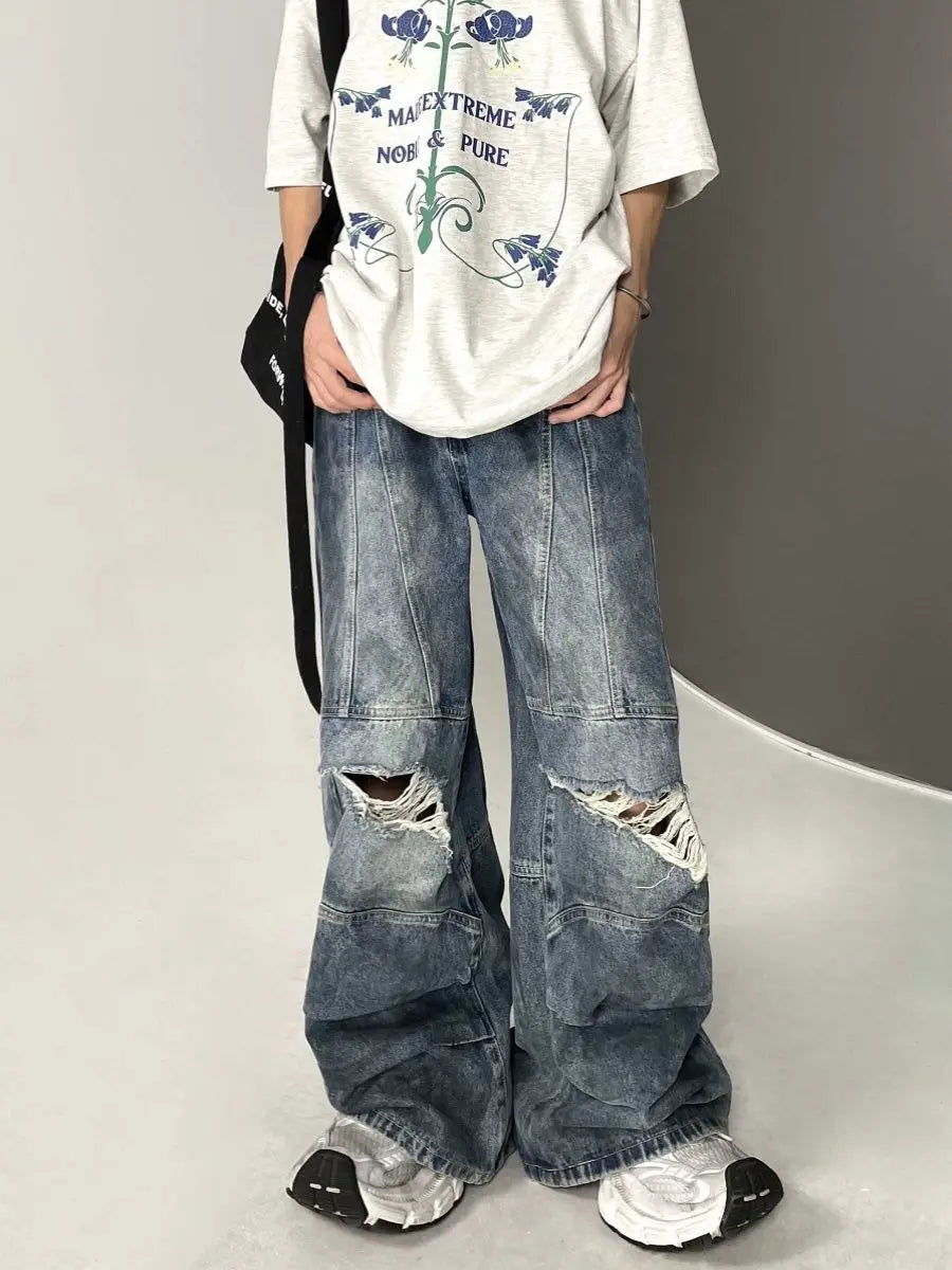 sanyamk Autumn High Street Retro Men and Women Trendy Personalized Straight Tube Washed Jeans Couple Loose Hip Hop Wide Leg Casual Pants