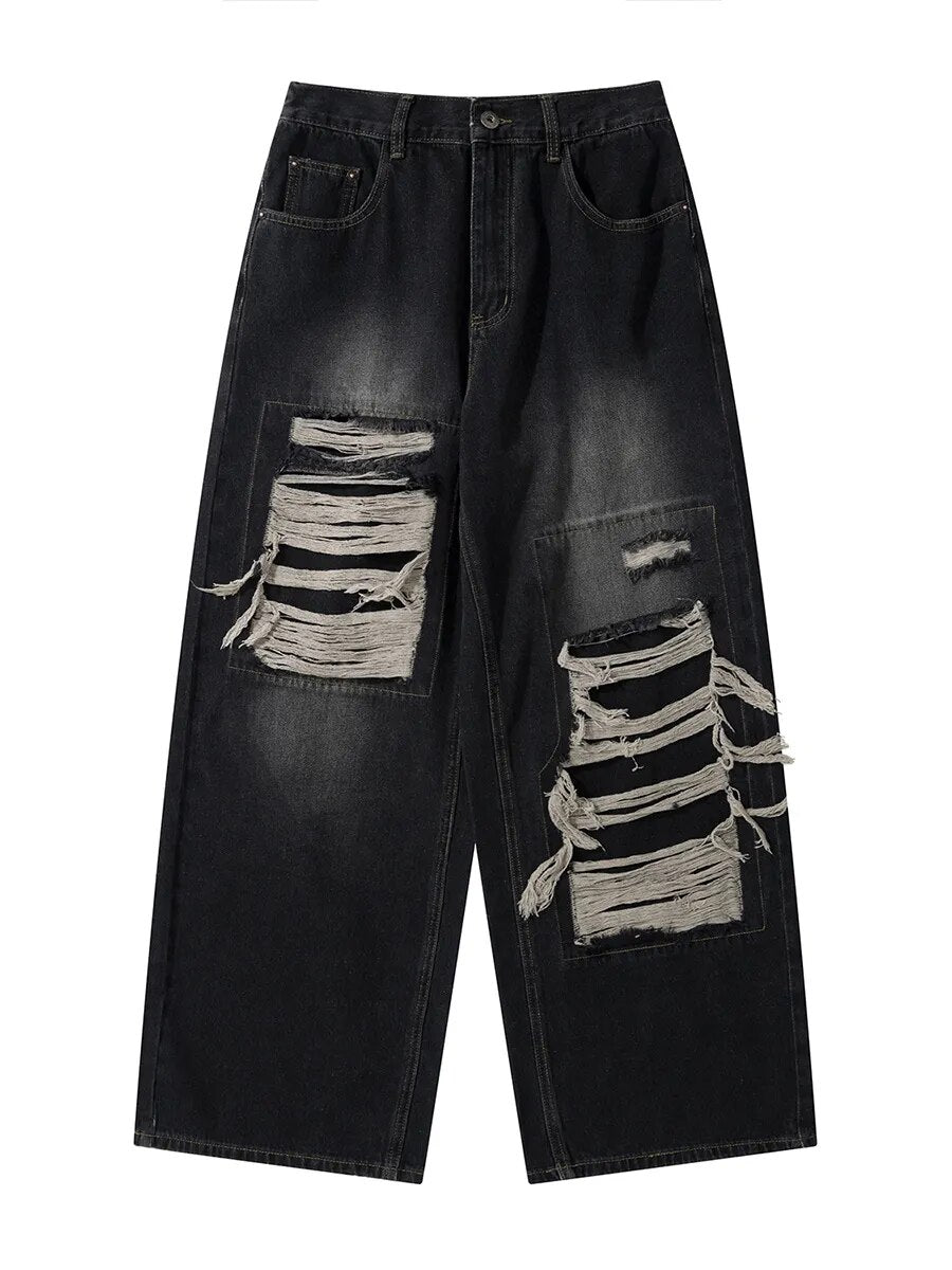 sanyamk American High end Perforated Denim Pants for Men's Design Sense Small and Loose Wide Leg Straight Leg Pants hiphop