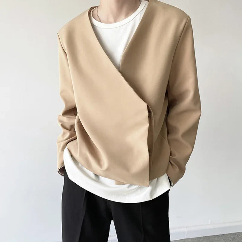 sanyamk - Personality Spring Men's Collarless Short Suit Coat New Simple Trend Black Oversized Asymmetric Breasted Clothes Y2242