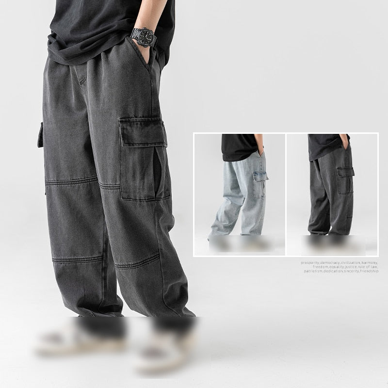 sanyamk Korean Style Men's Suit Retro Striped Pocket T-shirt Harajuku Street Straight Pants Japanese Double Pleated Jeans