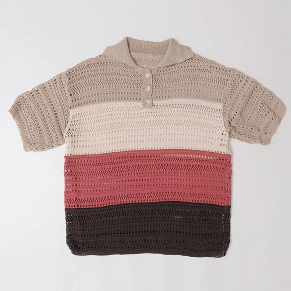 sanyamk Men Luxury Knit Polo Shirt Breathable Casual Hollow Out T Shirt Fashion Turn-down Rainbow Striped Short Sleeve Fishnet Tops Tees
