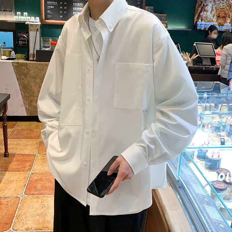 sanyamk - Streetwear Loose Mens Shirt Long Sleeve Black Casual Blouses Fashion Pockets Cardigan Outwear