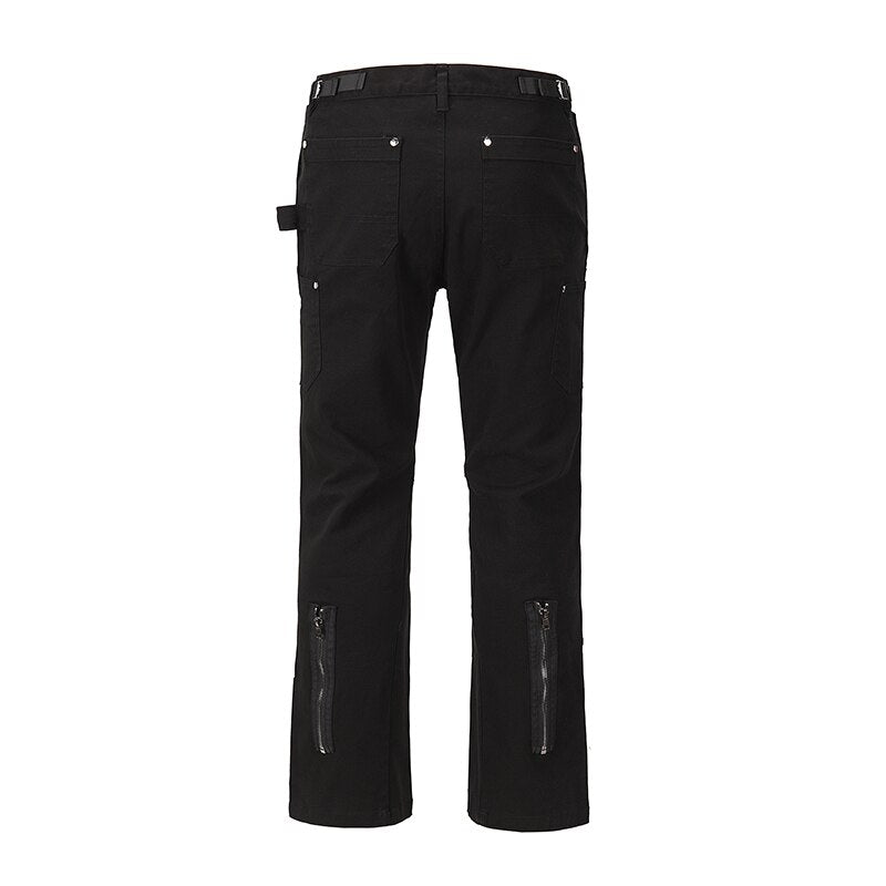 Bonsir Back Ankle Zipper Spliced Straight Flare Pants Mens High Street Washed Retro Loose Casual Jeans Hip Hop Denim Trousers