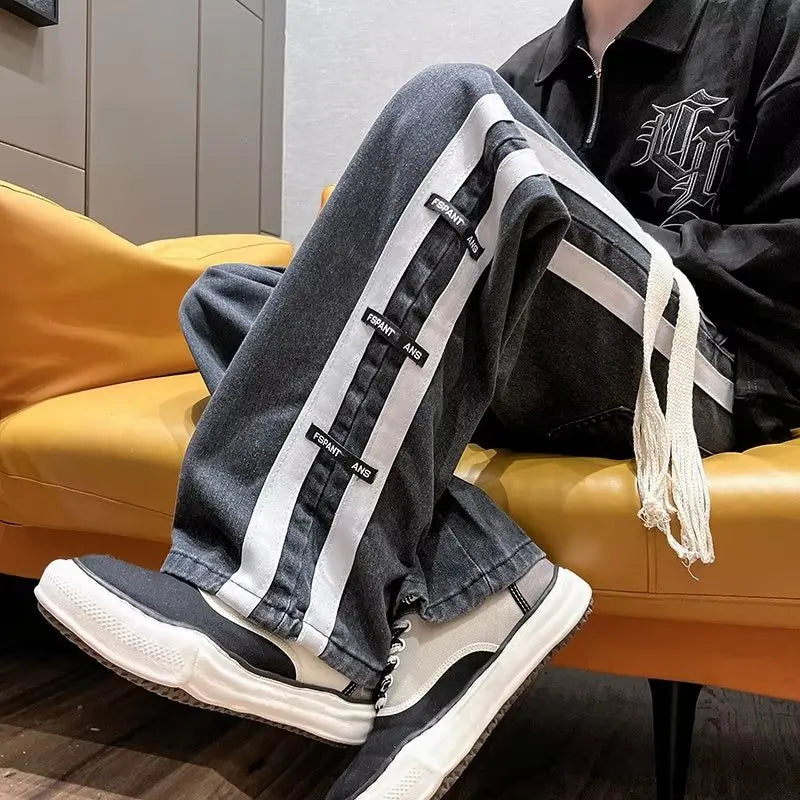 sanyamk Men Jeans Pants Black Wide Leg Oversize Cargo Korean Streetwear Hip Hop Harajuku Denim Trousers