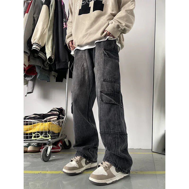 sanyamk New Men's Patchwork Muti-pockets Cargo Jeans Unisex Straight Casual Trousers Men Hip Hop Streetwear Vintage Fashion Pants