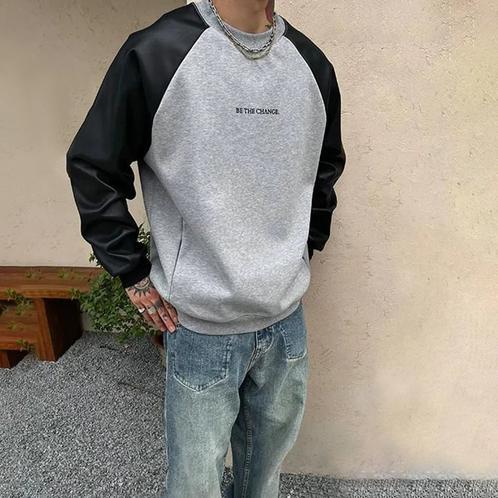 sanyamk Mens Y2k Contrast Pu Leather Raglan Sleeves Sweatshirt Autumn And Winter Genderless Casual Loose Splicing Sweatshirt Unisex
