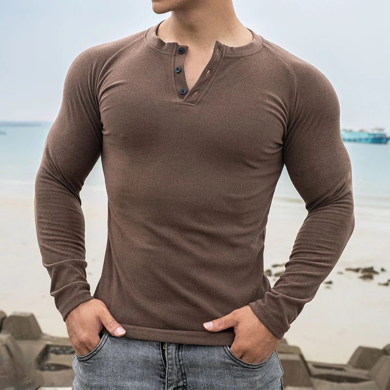 BONSIR - Spring Fall Casual Solid Slim Pullover Tees Male Fashion Long Sleeve t shirt Casual Double-plush Elastic Gym Shirts Men Clothing